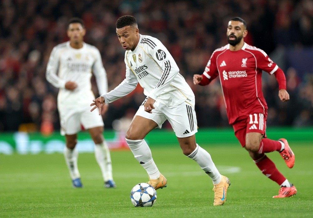 Kylian Mbappe trong trận đấu với Liverpool năm 2025. Ảnh: EPA.