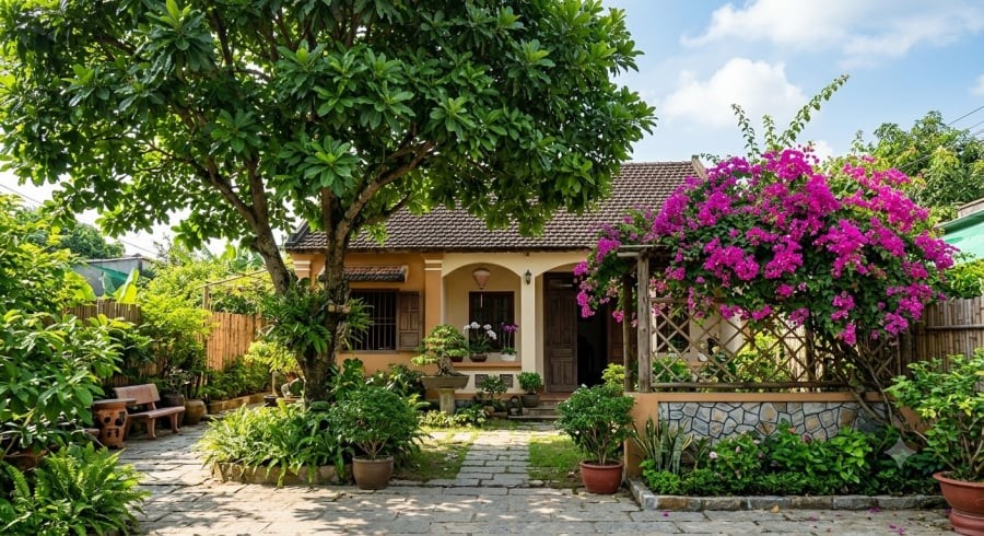 Lộc vừng và hoa giấy vừa tạo điểm nhấn cho sân nhà vừa được nhiều gia đình yêu thích vì những ý nghĩa phong thủy tốt đẹp.