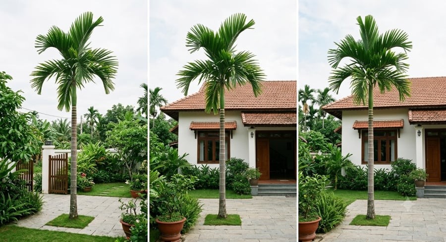 Cây cau có dáng thanh thoát, thường được lựa chọn để tạo không gian xanh và thoáng trước nhà.