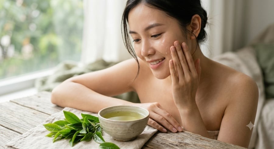 Trà xanh chứa các polyphenol như catechin, được quan tâm nhờ đặc tính chống oxy hóa và khả năng hỗ trợ làm dịu da.