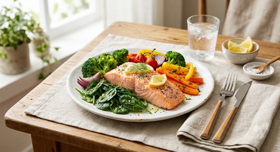 Cá hồi ăn cùng rau xanh tạo thành bữa tối giàu dinh dưỡng, cung cấp magie, protein và chất béo omega-3.