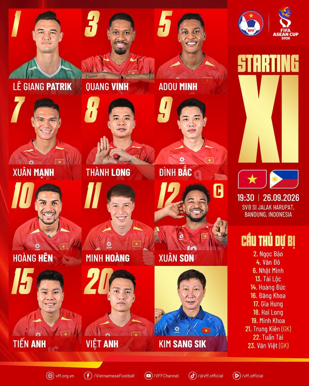 Đội hình ra sân của tuyển Việt Nam. Ảnh: VFF.