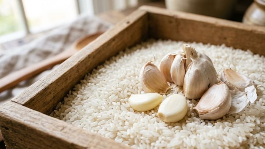 Đặt tỏi trong thùng gạo có tác dụng ngăn chặn mọt gạo phát triển.