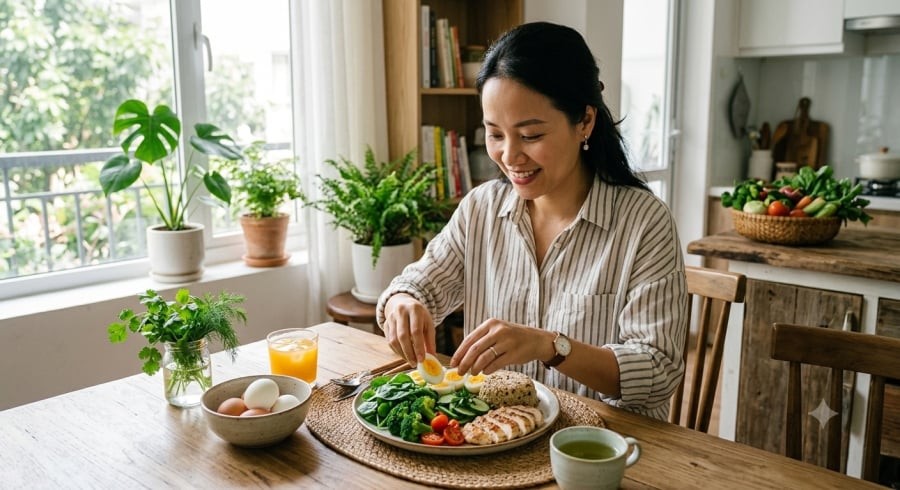 Ưu tiên protein, rau xanh và khẩu phần tinh bột phù hợp giúp kiểm soát năng lượng mà không cần nhịn đói.