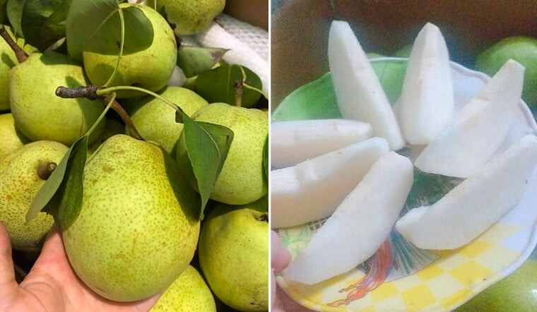 Lê sau khi mua về đem rửa thật sạch sẽ, ngâm qua nước muối loãng để làm sạch bụi bẩn và tạp chất bám trên bề mặt.