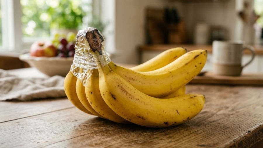 Bạn có thể dùng màng bọc thực phẩm bọc kín phần cuống của quả chuối để ngăn khí ethylene tiết ra làm chuối nhanh chín hơn.