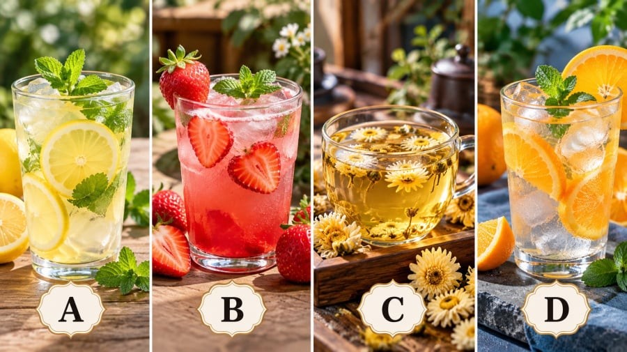 Trong bài trắc nghiệm này, hãy tưởng tượng trước mặt bạn có 4 cốc nước khác nhau. Đừng suy nghĩ quá lâu, hãy chọn cốc khiến bạn có thiện cảm ngay từ ánh nhìn đầu tiên.

