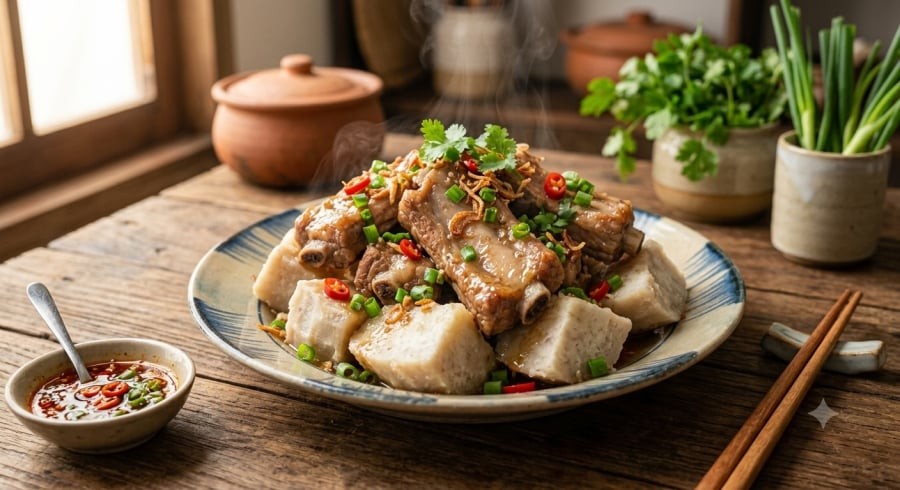 Sườn heo hấp cùng khoai môn giúp miếng khoai mềm bở, thấm vị từ phần nước thịt.