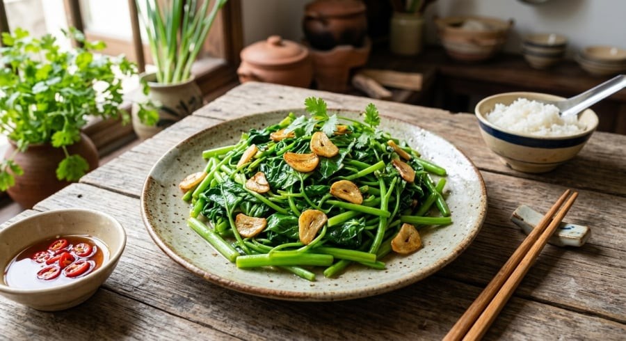 Rau khoai lang xào tỏi nhanh trên lửa lớn để giữ độ xanh và vị giòn ngon tự nhiên.