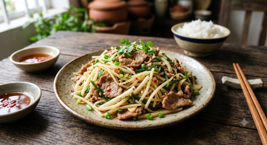 Củ niễng xào thịt heo có vị ngọt tự nhiên, giòn nhẹ, thích hợp đưa vào thực đơn mùa thu.