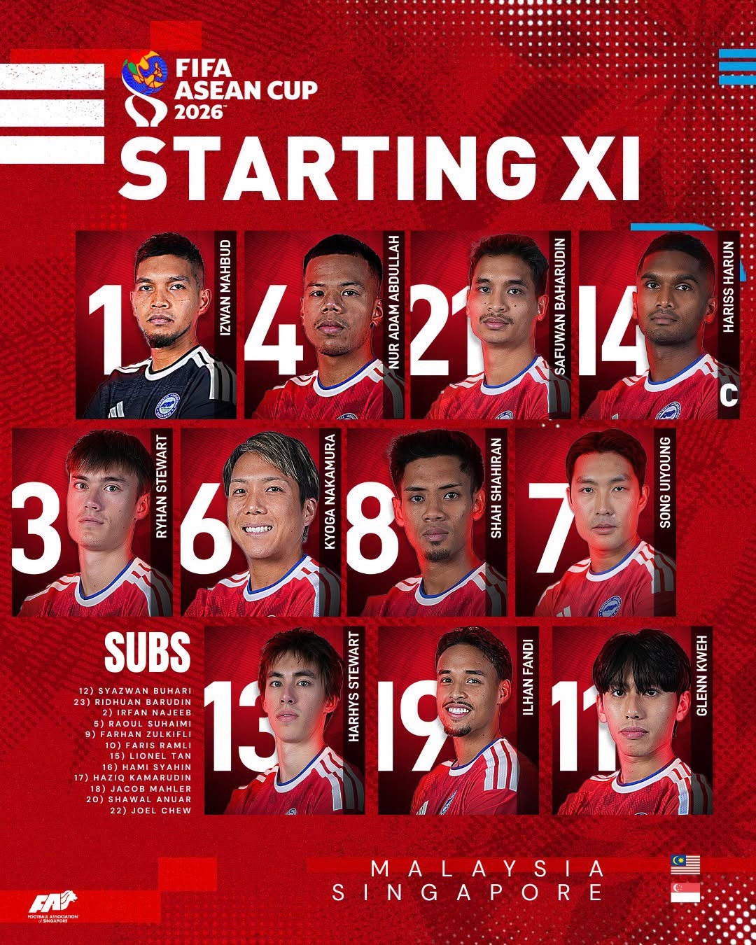 Đội hình ra sân của Singapore. Ảnh: LĐBĐ Singapore (FAS).