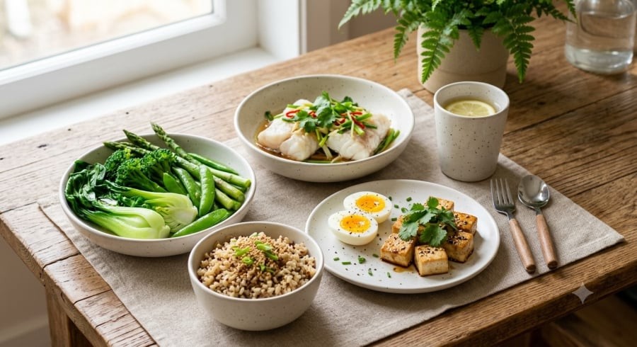 Bữa ăn kết hợp nhiều nguồn protein và rau xanh giúp thực đơn của người trung niên đa dạng hơn.