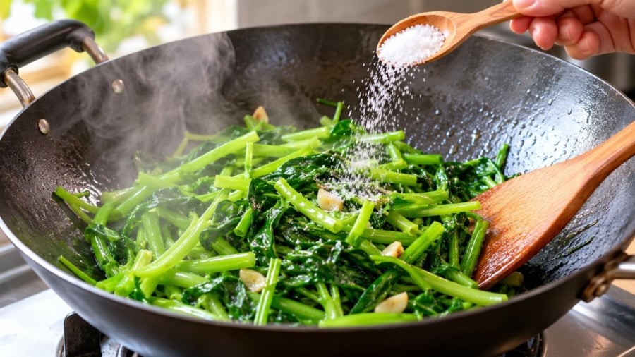 Xào rau nên chú ý thời điểm nêm muối ảnh hưởng độ giòn