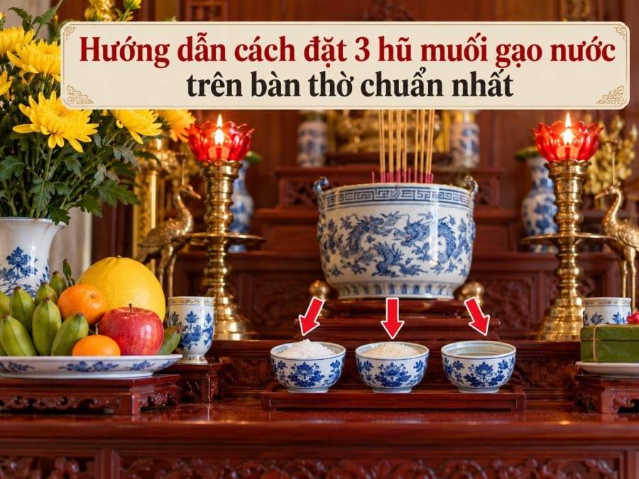 Theo quan niệm truyền thống, ba hũ gạo – muối – nước nên được đặt ngay ngắn, cân đối, ở phía trước hoặc hai bên bát hương tùy kích thước bàn thờ; quan trọng nhất là không che khuất bát hương và giữ khu vực thờ cúng sạch sẽ, trang nghiêm.