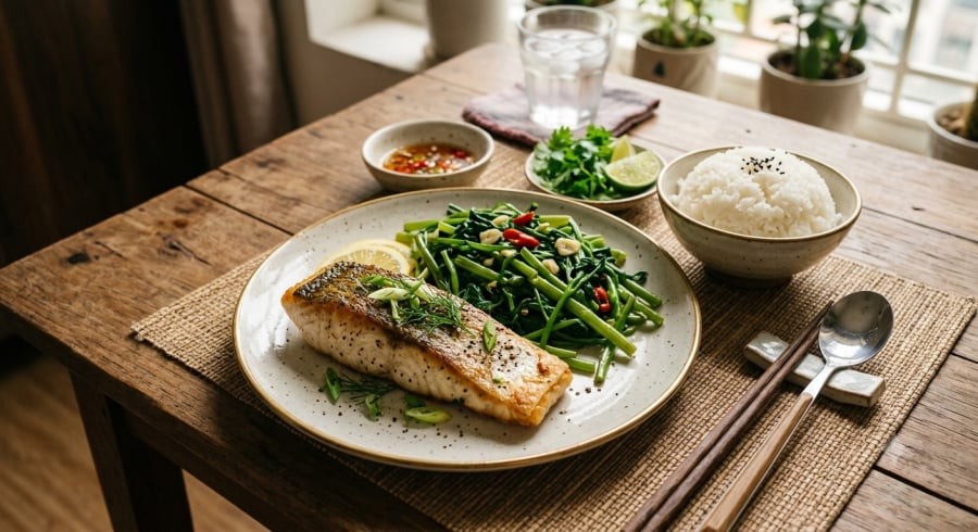 Kết hợp protein, rau và lượng tinh bột phù hợp giúp bữa trưa cân bằng hơn.