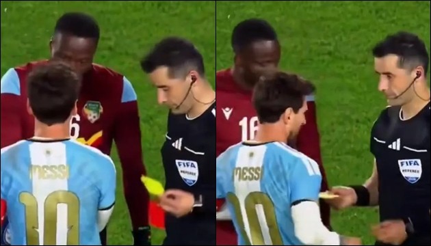Trọng tài tặng thẻ vàng và thẻ đỏ trong trận đấu cho Messi. Ảnh: Premier Sports 2