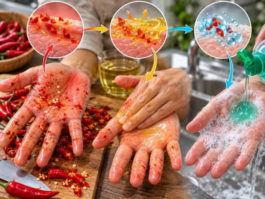 Dùng dầu thực vật hoặc dầu ô liu rồi rửa bằng nước xà phòng để hỗ trợ giảm rát do ớt.