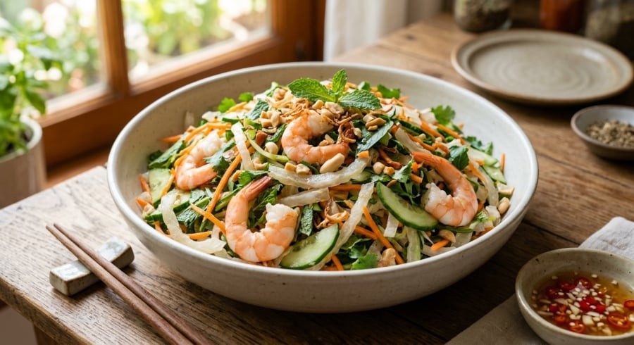 Gỏi cùi bưởi với tôm và rau củ là một cách chế biến ít đường, phù hợp hơn chè bưởi nếu đang quan tâm đến đường huyết và mỡ máu.