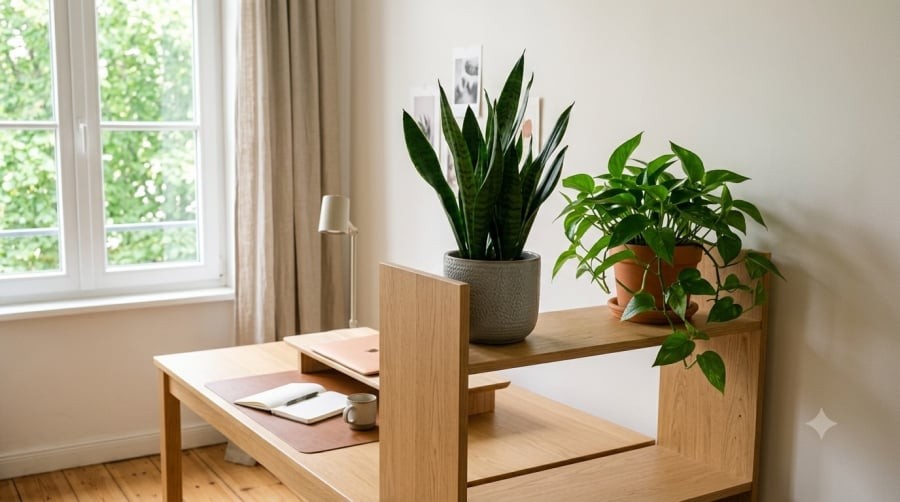 Lưỡi hổ và trầu bà là hai lựa chọn phù hợp với người mới khởi nghiệp nhờ tương đối dễ chăm sóc, không chiếm nhiều diện tích và giúp góc làm việc thêm sinh động.