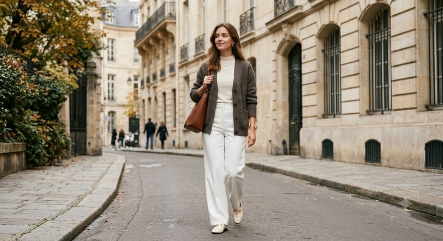 Cardigan tông xám nâu phối quần trắng tạo vẻ ngoài thanh lịch, nhẹ nhàng.