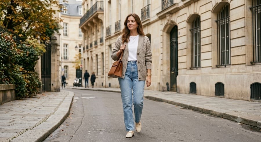 Áo len vặn thừng và jeans xanh nhạt giúp phong cách old money trở nên trẻ trung, dễ ứng dụng.