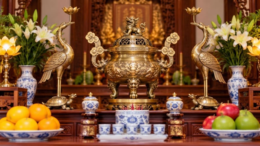 Ban thờ được bố trí đỉnh đồng và đôi hạc, chân nến