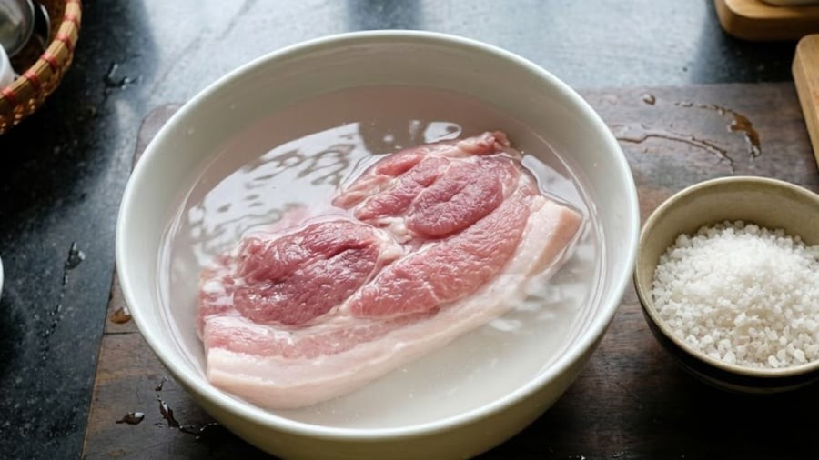 Ngâm thịt trong dung dịch nước muối với nồng độ phù hợp có tác dụng giữ nước trong từng thớ thịt. 