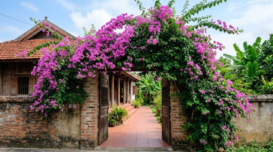 Hoa giấy giúp mặt tiền thêm tươi sáng, mang vẻ đẹp gần gũi và gợi nhắc đến sức sống bền bỉ, niềm vui trong cuộc sống.