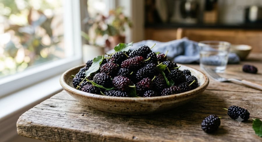 Dâu tằm cung cấp anthocyanin, chất xơ và vitamin C, góp phần đa dạng nguồn dinh dưỡng từ trái cây.