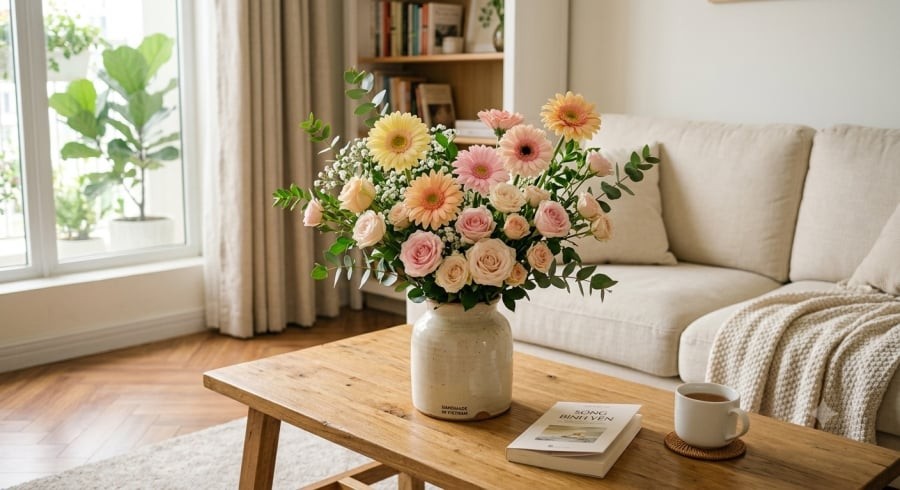 Hoa tươi giúp không gian sống thêm sinh động, đồng thời tượng trưng cho sức sống và mong cầu may mắn theo quan niệm phong thủy.