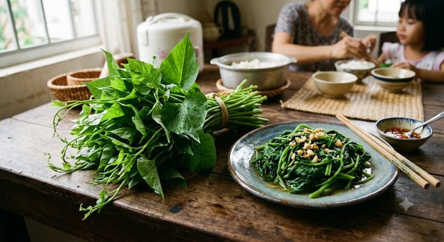 Rau khoai lang dễ mua, dễ chế biến, cung cấp kali cùng chất xơ và nhiều vitamin cần thiết cho cơ thể.