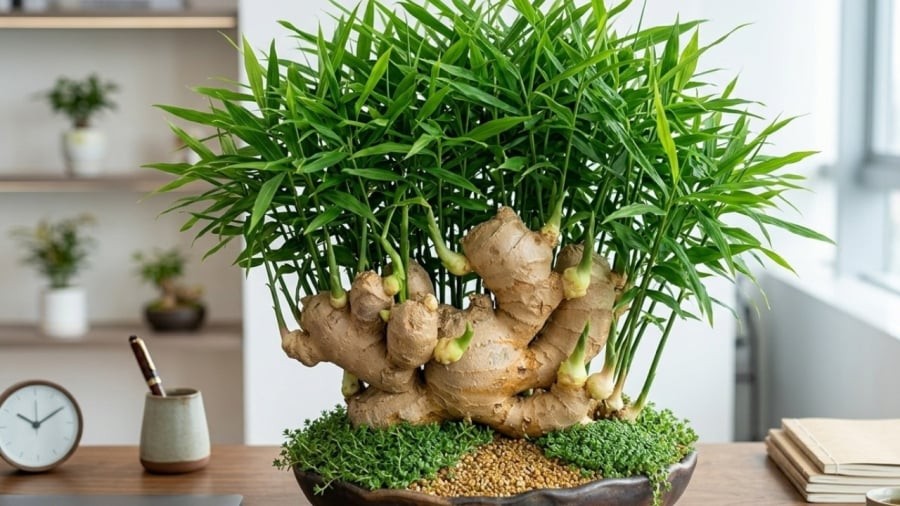 Gừng bonsai thích hợp với loại chậu có miệng rộng, chiều sâu vừa phải và lỗ thoát nước tốt.
