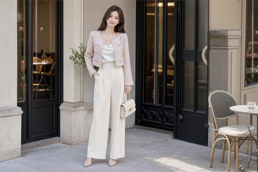 Áo khoác dệt thô dáng lửng phối quần âu cạp cao mang đến vẻ thanh lịch, tôn dáng cho nàng công sở mùa thu.