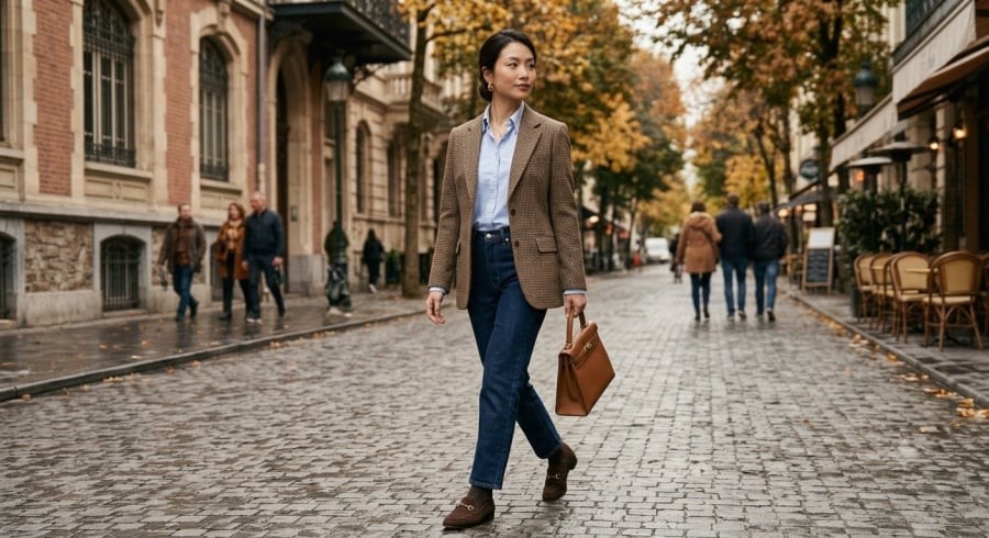 Blazer kẻ nhỏ phối sơ mi và jeans xanh chàm là công thức dành cho những cô nàng yêu vẻ đẹp cổ điển, nhã nhặn.
