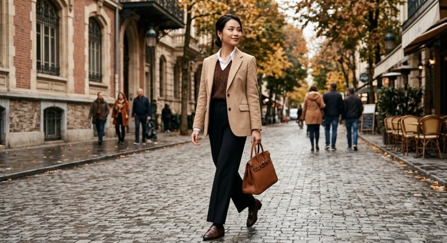 Blazer màu be kết hợp gile nâu và quần âu đen tạo nên set đồ công sở thanh lịch, chỉn chu mà không cần nhiều phụ kiện.