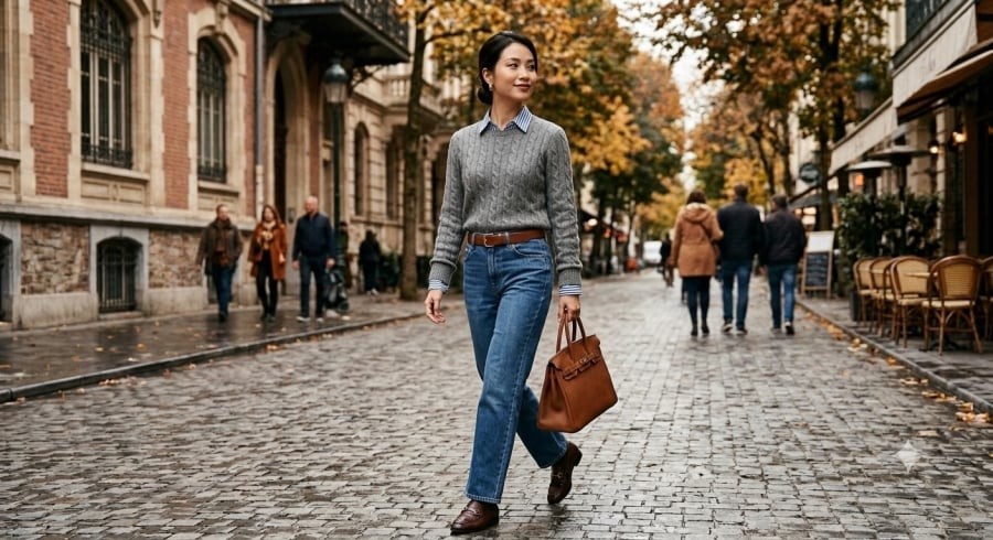 Áo len xám phối sơ mi kẻ và jeans đứng dáng mang đến vẻ ngoài thoải mái, hiện đại mà vẫn phù hợp với môi trường công sở.