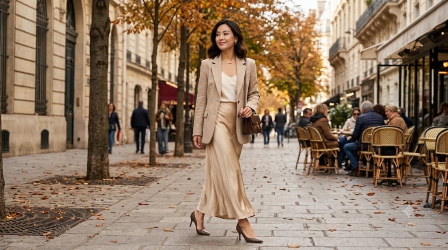 Kết hợp blazer với chân váy dài giúp cân bằng nét chỉn chu và mềm mại, tạo diện mạo duyên dáng mà vẫn thời thượng.