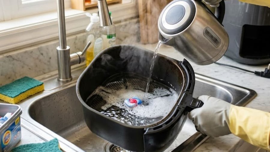 Bạn có thể sử dụng viên rửa bát để làm sạch nồi chiên không dầu.