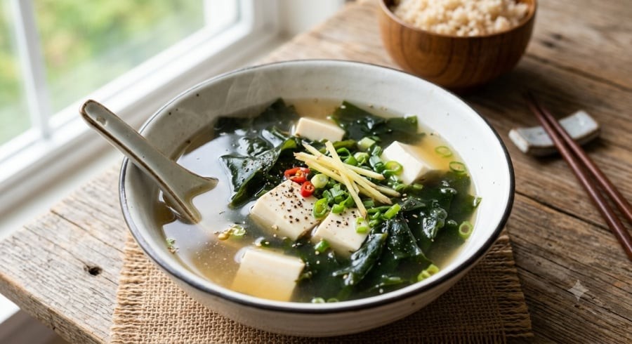 Canh rong biển đậu phụ có cách chế biến đơn giản, kết hợp protein thực vật với các dưỡng chất từ rong biển, phù hợp để đổi vị trong bữa cơm hằng ngày.