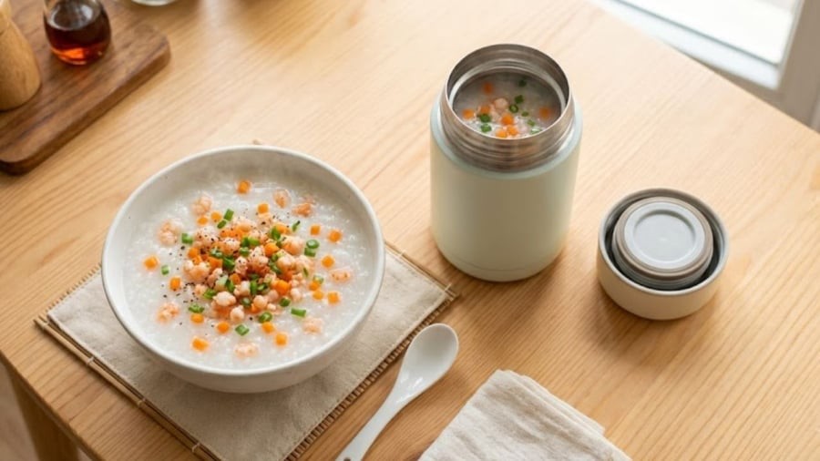 Bạn có thể sơ chế nguyên liệu rồi cho vào bình giữ nhiệt và để qua đêm là có ngay bát cháo nóng hổi cho bữa sáng.