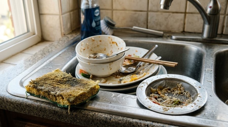 Không nên để bát đĩa bẩn ngâm quá lâu hoặc bỏ quên cặn thức ăn trong bồn rửa, vì có thể làm tăng nguy cơ nhiễm bẩn chéo.
