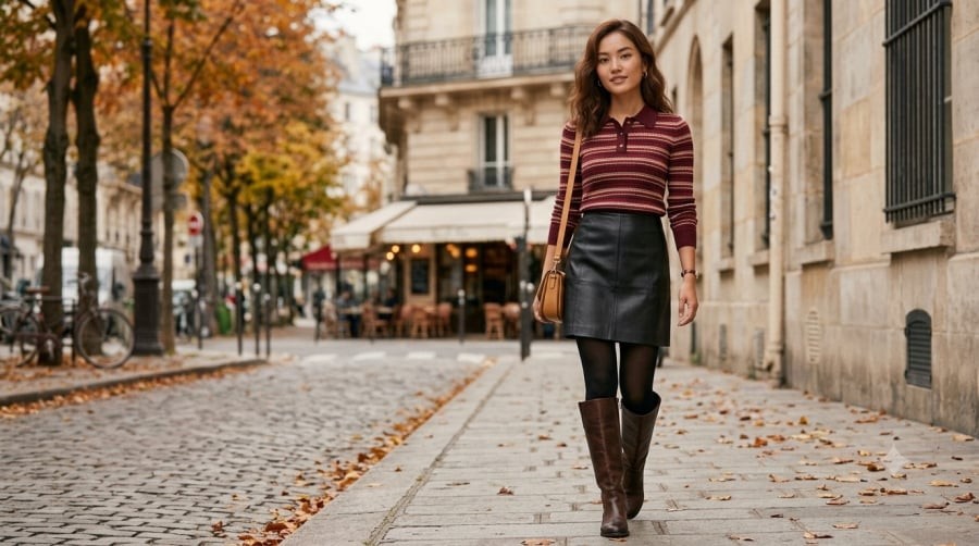 Kết hợp áo polo kẻ sọc với chân váy da và boots cao cổ giúp phong cách mùa thu thêm cá tính, thời thượng.