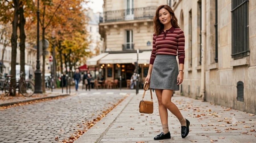 Áo polo kẻ sọc phối cùng chân váy chữ A và giày loafers tạo vẻ ngoài trẻ trung, chỉn chu.