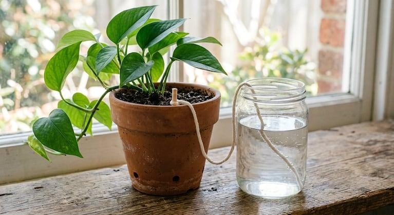 Tự làm hệ thống tưới bằng dây thấm nước là giải pháp tiết kiệm, giúp duy trì độ ẩm cho cây khi gia đình đi vắng.