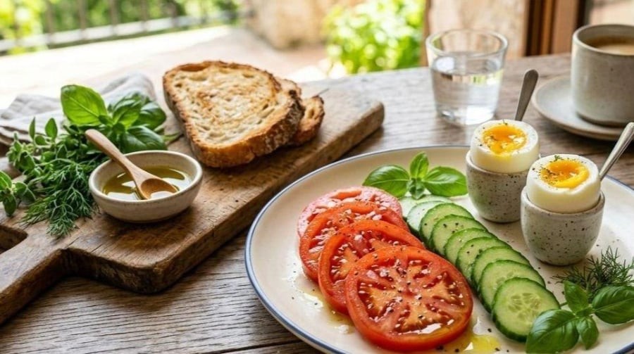 Trứng luộc ăn cùng bánh mì nguyên cám và rau củ là lựa chọn giúp bữa sáng cân đối dinh dưỡng, hỗ trợ kiểm soát cân nặng tốt hơn.
