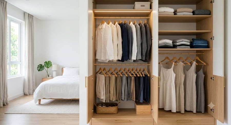 Tủ quần áo không cần quá đầy ắp, chỉ cần những món đồ phù hợp, dễ phối và có thể sử dụng thường xuyên.
