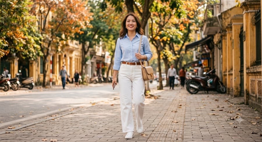 Sơ mi xanh nhạt phối quần jeans trắng mang đến diện mạo tươi sáng, tinh tế, phù hợp cả khi đi làm lẫn dạo phố.
