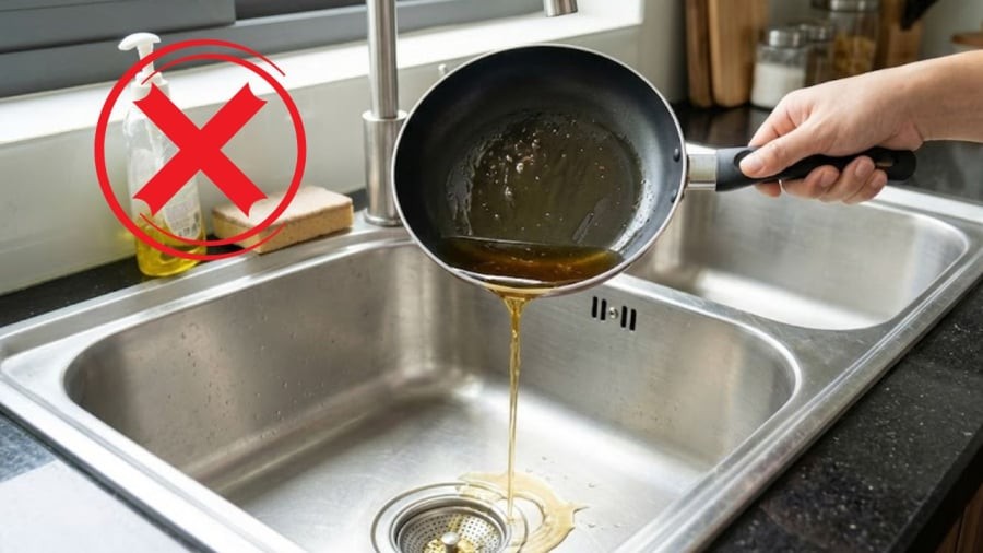 Với dầu ăn thừa, bạn không nên đổ trực tiếp xuống bồn rửa.