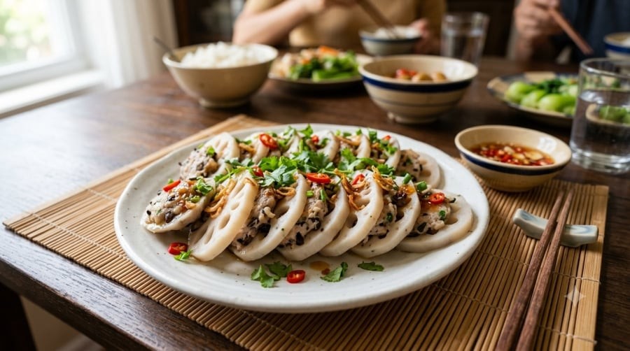 Củ sen hấp thịt băm là món ăn dễ làm, kết hợp rau củ với protein từ thịt nạc, giúp thực đơn của trẻ thêm đa dạng.