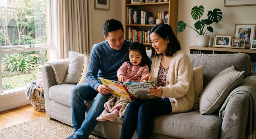 Những cuộc trò chuyện và giờ đọc sách cùng cha mẹ góp phần tạo nền tảng phát triển ngôn ngữ, tư duy cho trẻ.